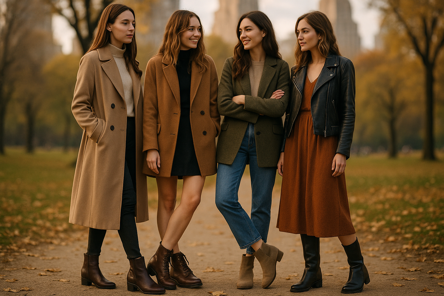 Stylish young women standing in a park, wearing fall shoes, the focus on the shoes and their posture, large buildingsblurred in the background, soft lighting, high-resolution, realistic style, cinematic composition. 